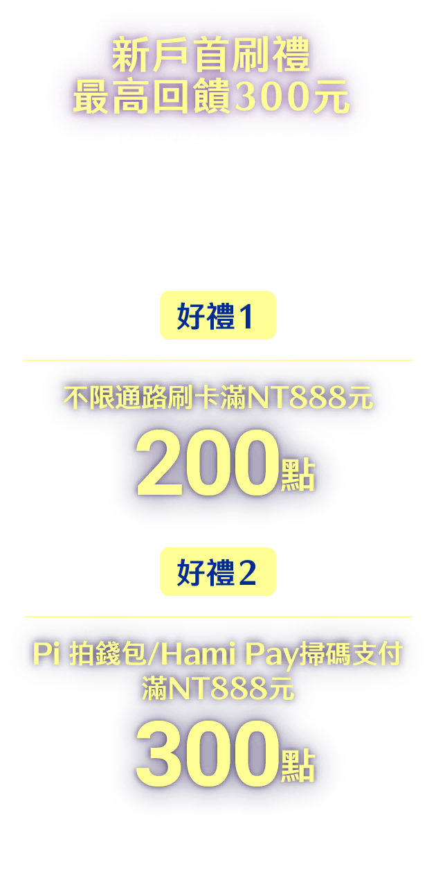 新戶首刷禮·最高回饋300元：即日起至114/3/31成功申辦ALL ME卡，核卡日起30天內累積消費滿額享，好禮1：200點，好禮2：300點