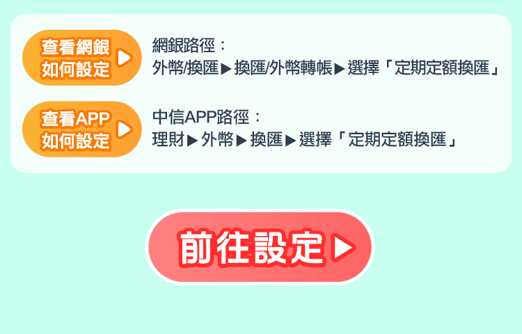 查看網銀如何設定
                      網銀路徑：外幣/換匯 ▶ 外幣/換匯轉帳 ▶ 選擇「定期定額換匯」
                      查看APP如何設定
                      中信APP路徑：理財 ▶ 外幣 ▶ 換匯 ▶ 選擇「定期定額換匯」