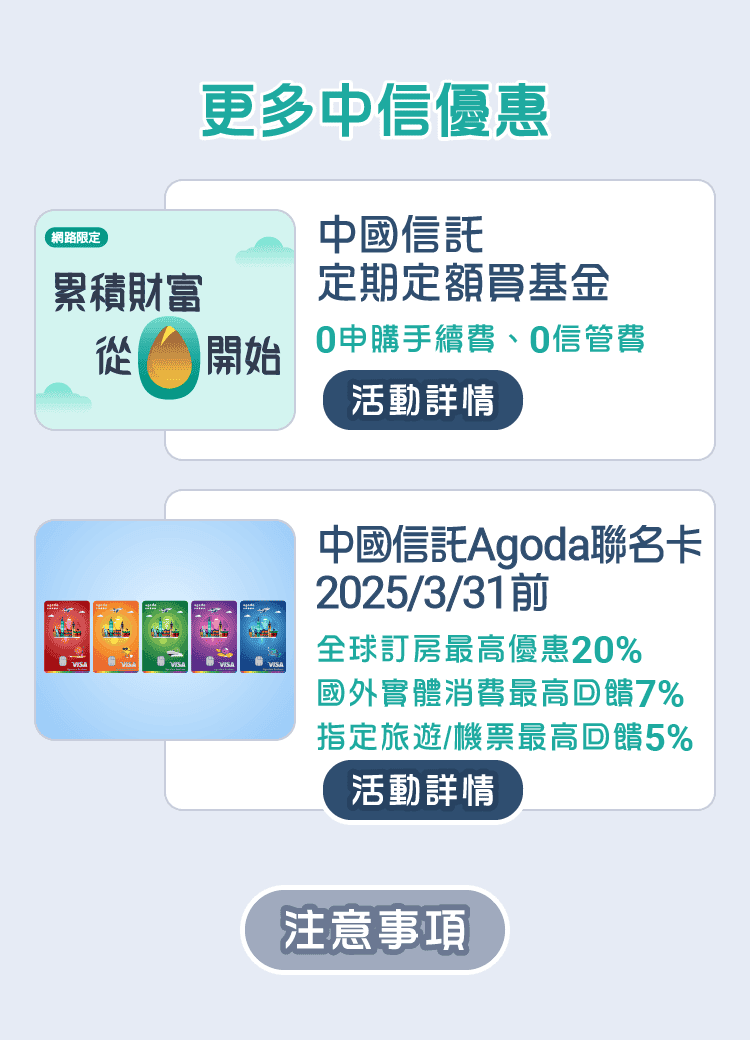 更多中信優惠
                      1.中國信託定期定額買基金，0申購手續費、0信管費
                      2.中國信託Agoda聯名卡，2025/3/31前，全球訂房最高優惠20%，國外實體消費最高回饋7%，指定旅遊/機票最高回饋5%