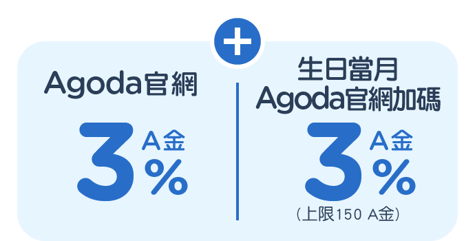 Agoda官網3% A金；生日當月Agoda官網加碼3% A金(上限150 A金)