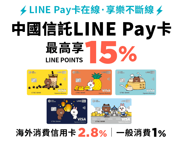 中國信託LINE Pay卡、最高享LINE POINTS 15%回饋、海外消費信用卡2.8%、有亮點好兌Way、天天回饋無上限、處處優惠賺很大、筆筆條碼支付便、時時網購大瘋搜