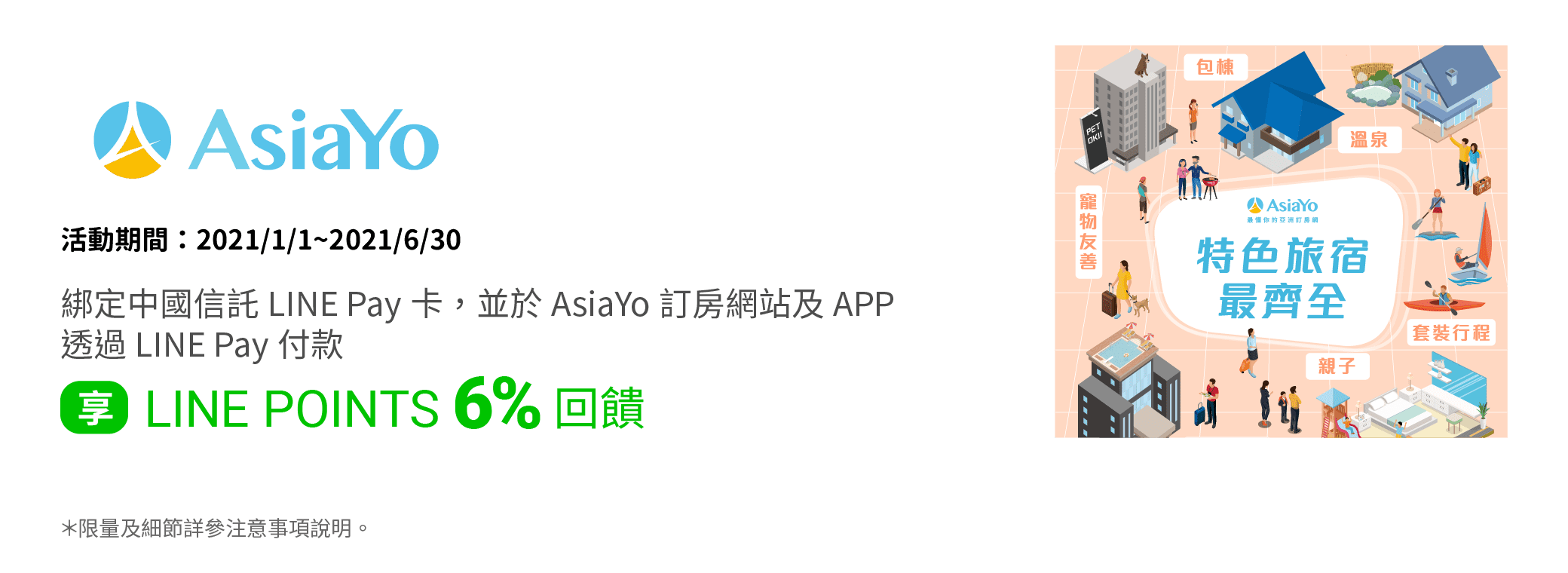 綁定中國信託LINE Pay卡並透過LINE Pay付款，於AsiaYo訂房網站，筆筆享LINE POINTS 6% 回饋。