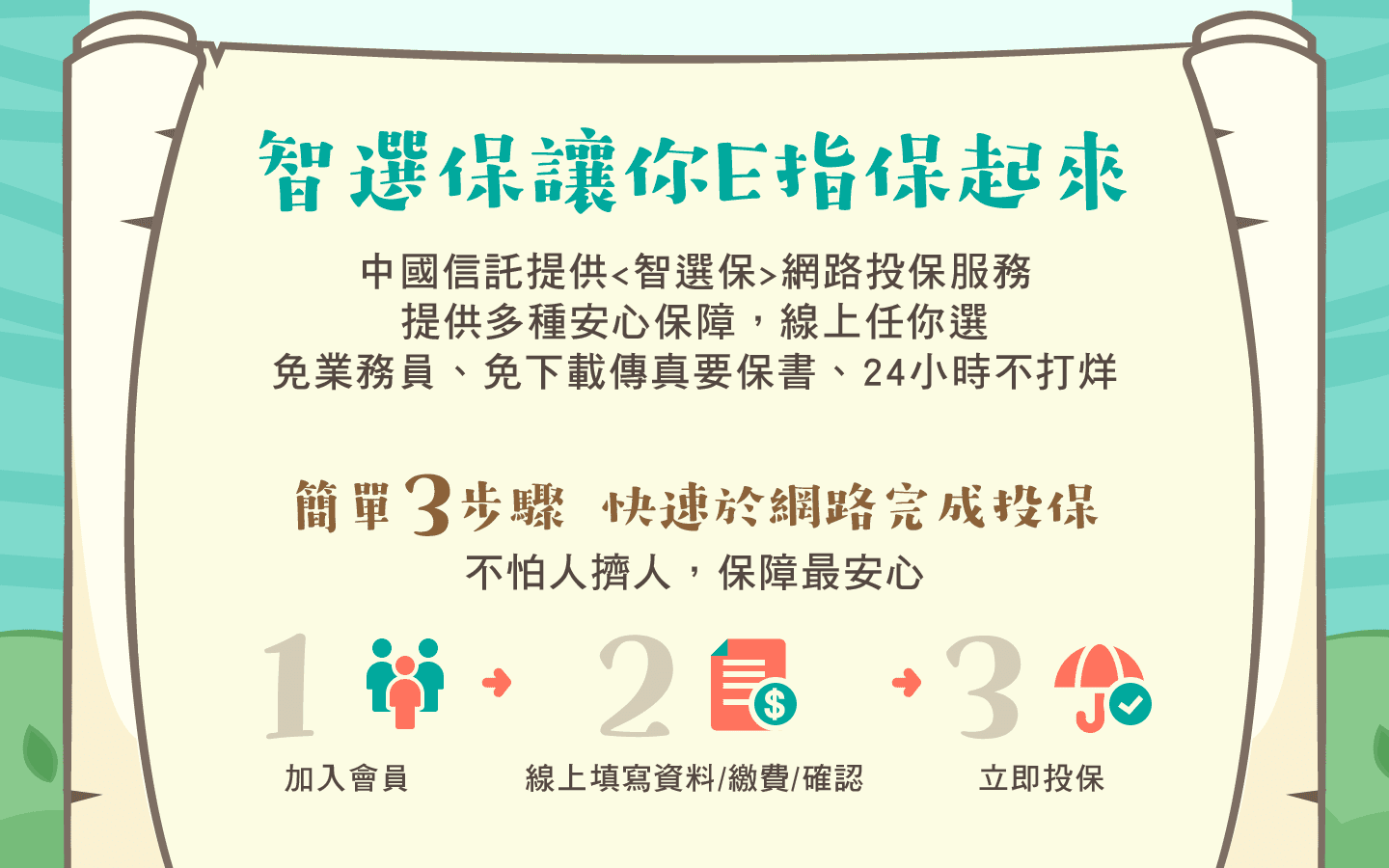 智選保讓你E指保起來，中國信託提供<智選保>網路投保服務，提供多種安心保障，線上任你選，免業務員、免下載傳真要保書、24小時不打烊