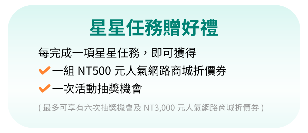 星星任務贈好禮：每完成一項星星任務，即可獲得一次活動抽獎機會及一組NT500元人氣網路商城折價券。(最多可享有六次抽獎機會及NT3,000元人氣網路商城折價券)