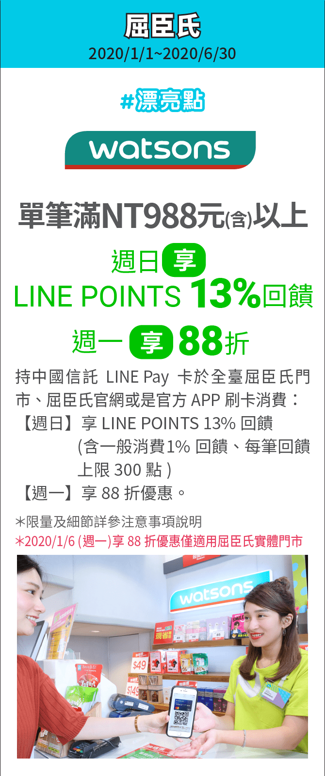 屈臣氏單筆滿NT988元(含)以上，週日享LINE POINTS 13%回饋、週一享88折