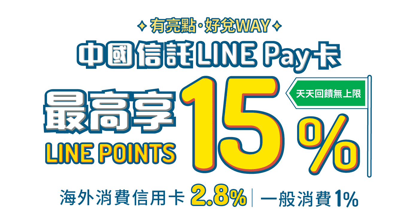 中國信託LINE Pay卡、最高享LINE POINTS 15%回饋、海外消費信用卡2.8%、有亮點好兌Way、天天回饋無上限、處處優惠賺很大、筆筆條碼支付便、時時網購大瘋搜