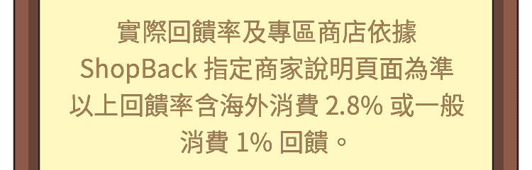 實際回饋率及專區商店依據ShopBack指定商家說明頁面為準，以上回饋率含海外消費2.8%或一般消費1%回饋。