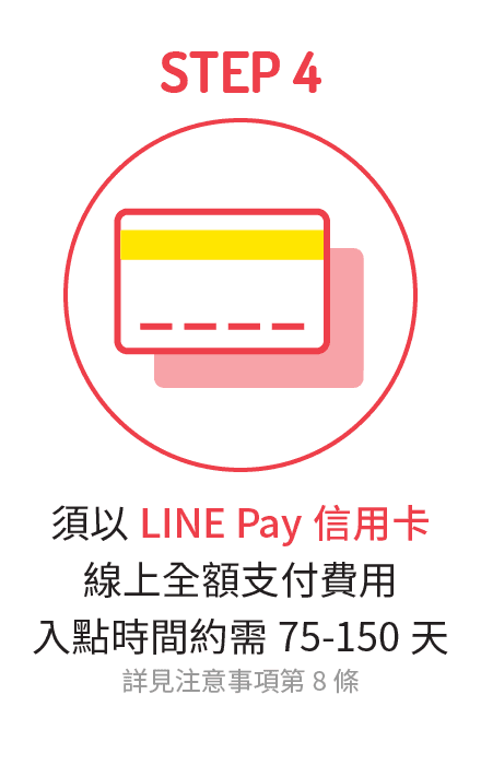 須以LINE Pay信用卡，線上全額支付費用，入點時間約需60-150天