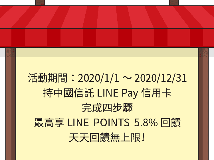 活動期間：2020/1/1～2020/12/31，持中國信託LINE Pay信用卡，於ShopBack 「中國信託LINE Pay信用卡專區」內指定商店刷卡消費最高享LINE POINTS 5.8%回饋，天天回饋無上限！